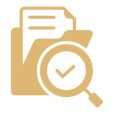 Document with magnifying glass and checkmark icon.